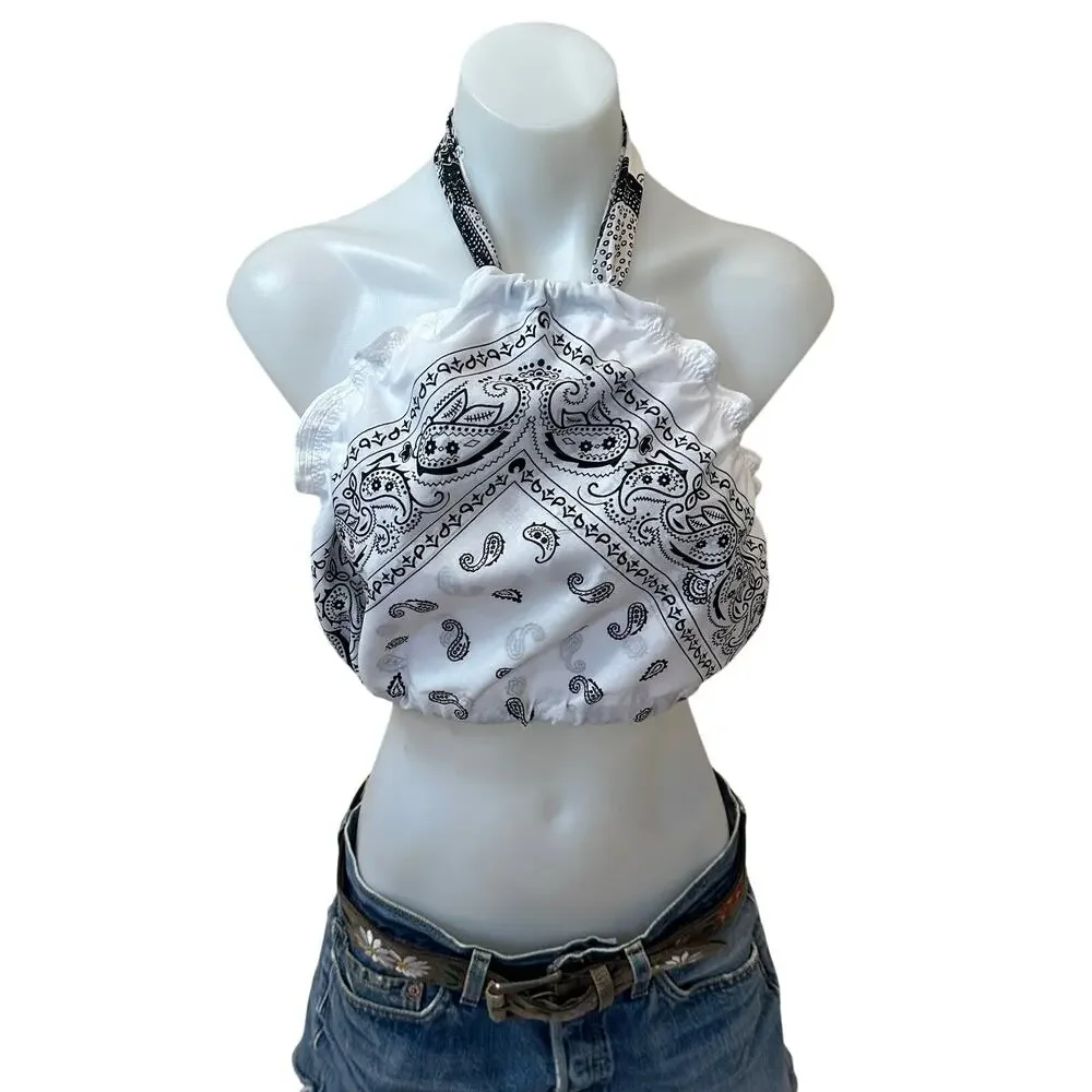 Bandana Halter Top Crop One Size Festival Western White Handcrafted Unique NEW - Picture 3 of 6